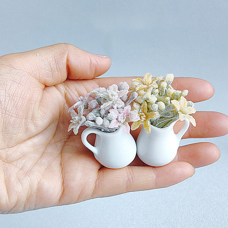 1:6 1:12 Dollhouse Miniature Flocking Flower Plant Flower Pot Model Home Decor Toy Model Doll House Accessories