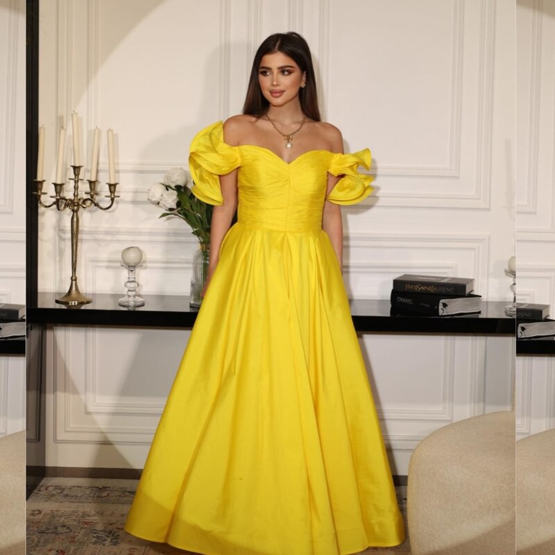 Modern Style Sizes Available Satin Pleat Ruched Draped A-line Off-the-shoulder Long Dresses Celebrity Dresses Matching Retro