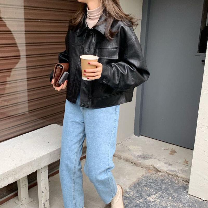 GIDYQ Streetwear Moto kurtka ze skóry sztucznej kobiet w stylu Vintage luźna para ze sztucznej skóry kurtka na rower Harajuku casualowa odzież wierzchnia