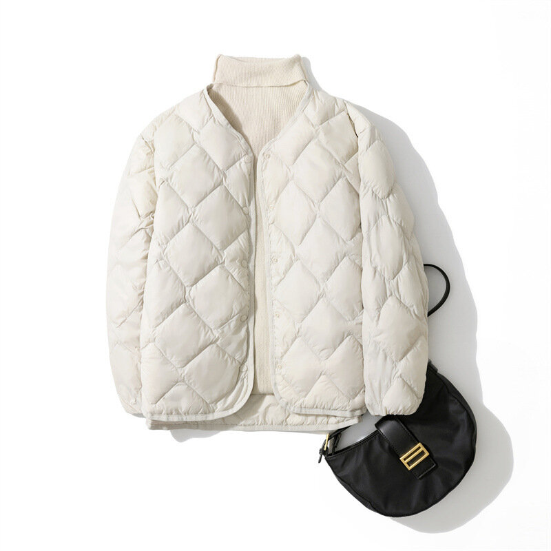 Mantel bulu angsa wanita, pakaian luar musim dingin tanpa kerah tahan angin Ultra Ringan musim gugur 2023