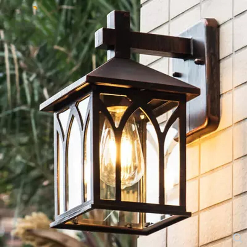 European Simple Wall Lamp Transparent Glass Waterproof Outdoor Garden Doorway Aluminum Alloy E27 Retro Lighting Sconce Fixture