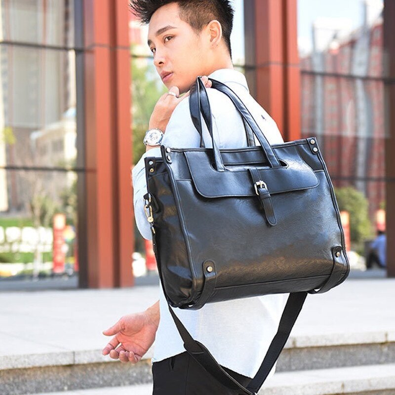 Bolsa de couro PU masculina com zíper, pastas de negócios, casual, ombro, mensageiro, escritório, laptop, masculino, novo