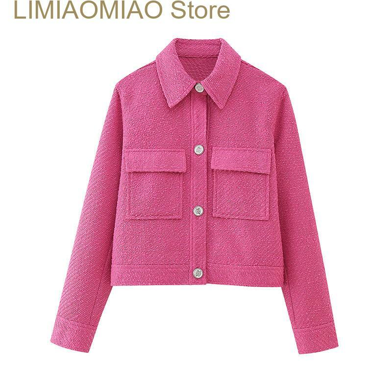 New Autumn Elegant Women's Coat Pink Slim Turndown Collar Long Sleeve Female Coats Winter Fashion Single Breasted Lady Jackets