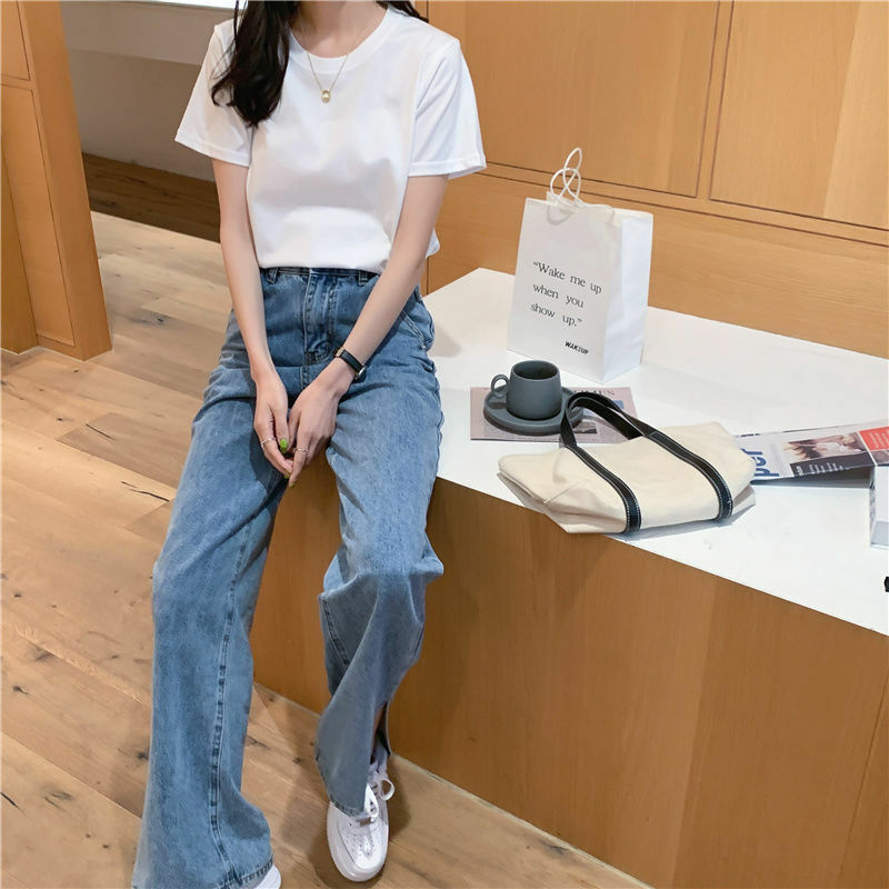 Camiseta lisa de manga corta para mujer, blusa holgada de algodón con cuello redondo en blanco y negro, Tops básicos finos, ropa informal Harajuku para exteriores