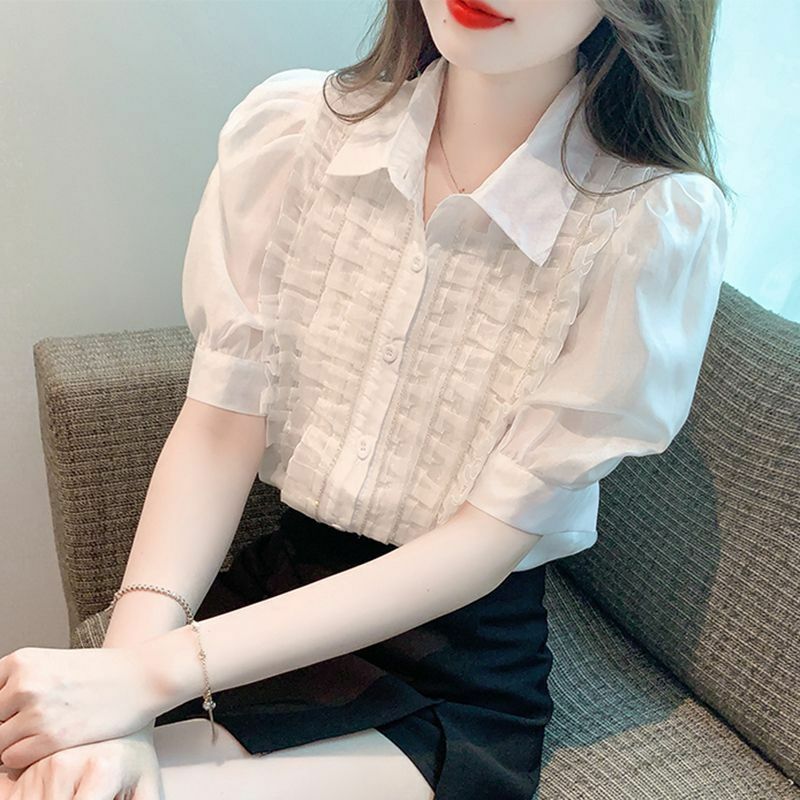 Camisa de manga curta feminina, blusa feminina versátil, casual francesa, cor sólida minimalista, nova, verão, 2024