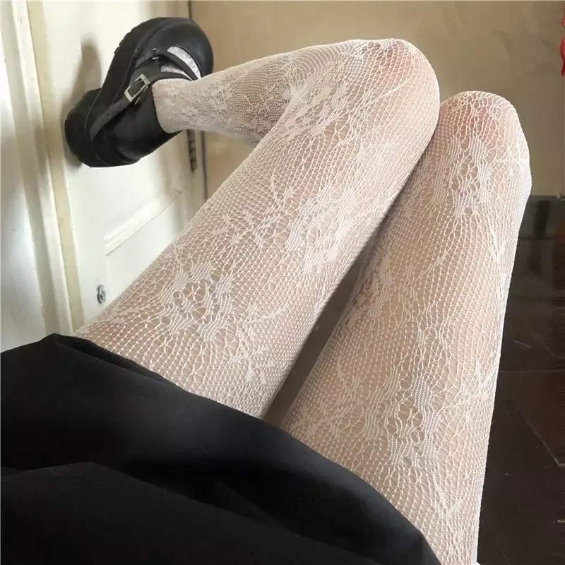 Bas longs en nylon Lolita pour femmes, collants noirs sexy, nœud de lettre, grande tentation, creux, bas résille