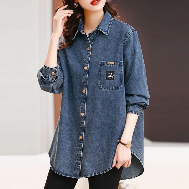 Nieuwe Herfst Vrouwen Denim Shirt Koreaanse Lange Mouw Blauwe Jean Blouse Dames Elegante Blouses Single Breasted 100% Katoenen Casual Tops