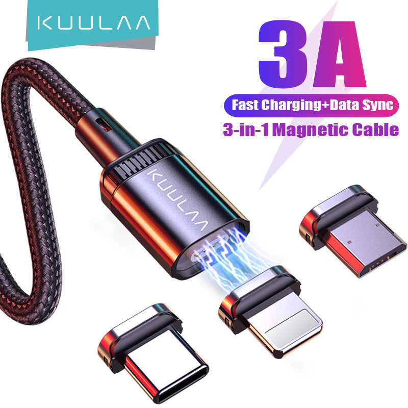 KUULAA-LED Cabo Magnético Micro USB, 3A Carregamento Rápido, Cabo Tipo C, Carregador Ímã para iPhone, Xiaomi Poco, Cabo Samsung