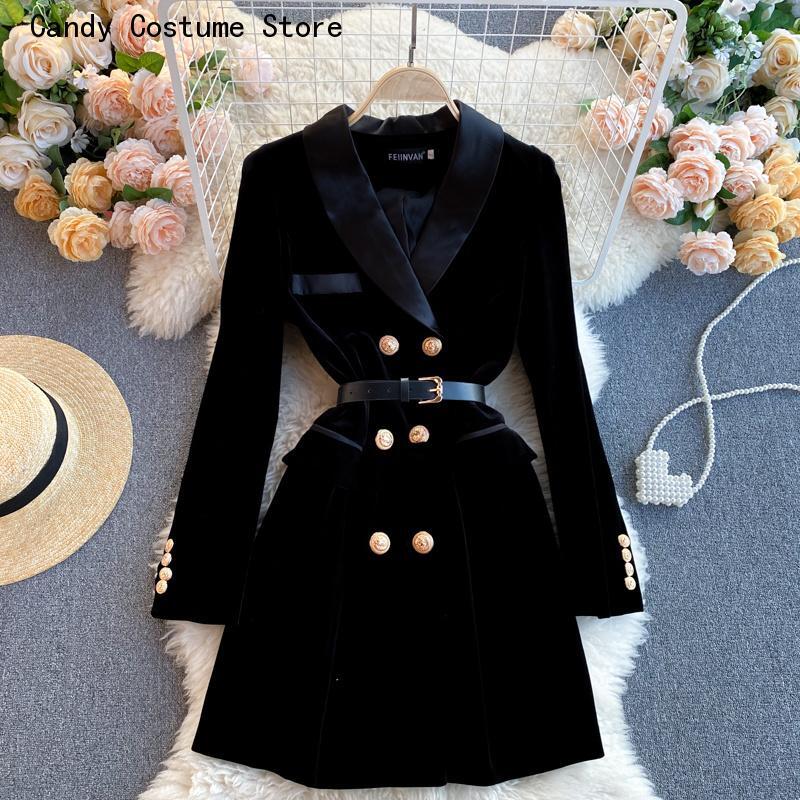 Blazer negro de manga larga con doble botonadura para mujer, traje ajustado con cinturón, prendas de vestir, abrigo de terciopelo, chaqueta de invierno