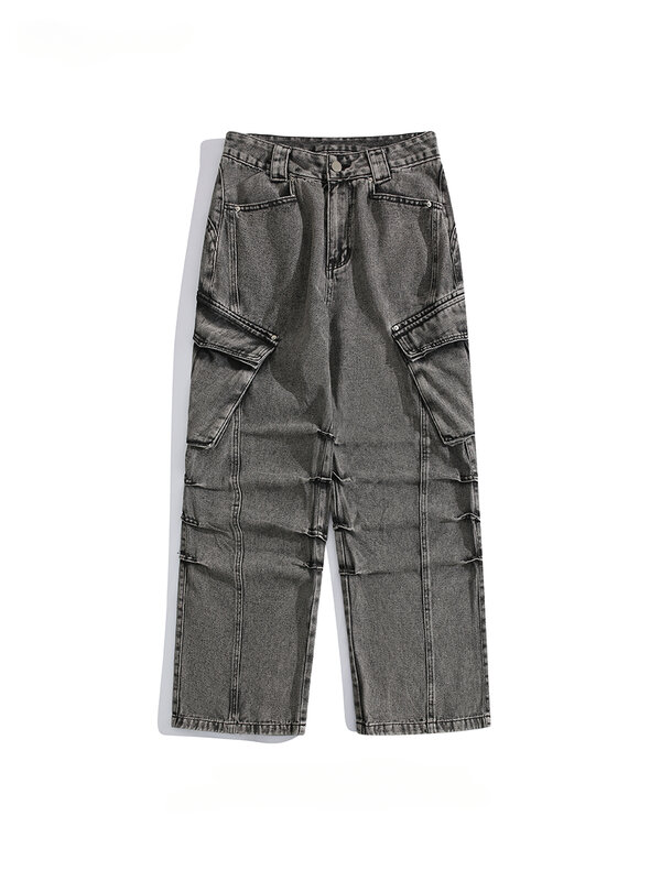 Men's Washed Big Pocket Cargo Jeans Trendy Street Handsome Hip Hop Loose Straight Casual Versatile Denim Pants Male Clothing