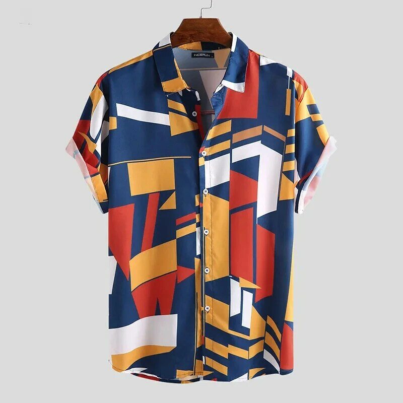 Summer Men's Shirts Hawaiian Blouses Stripe Print 2024 New Short Sleeve Single Breasted Oversized Tops Camisa Clothing Tee Shirt