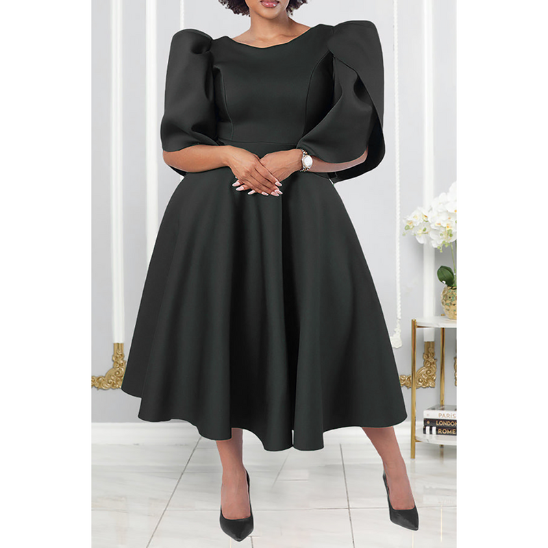 Czarne, codzienne sukienki midi w kształcie litery A z bąbelkowymi rękawami w dużych rozmiarach