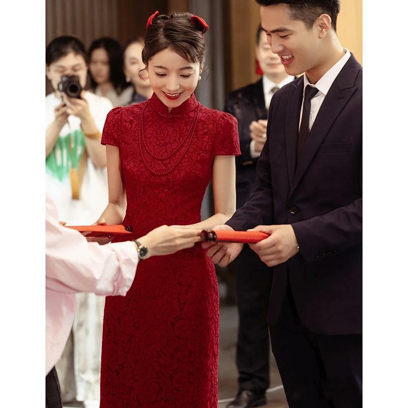 Pakaian Roti Panggang Qipao Lengan Pendek Elegan Gaun Prom Pesta Pernikahan Merah Anggur Gaun Pesta Formal Vestido