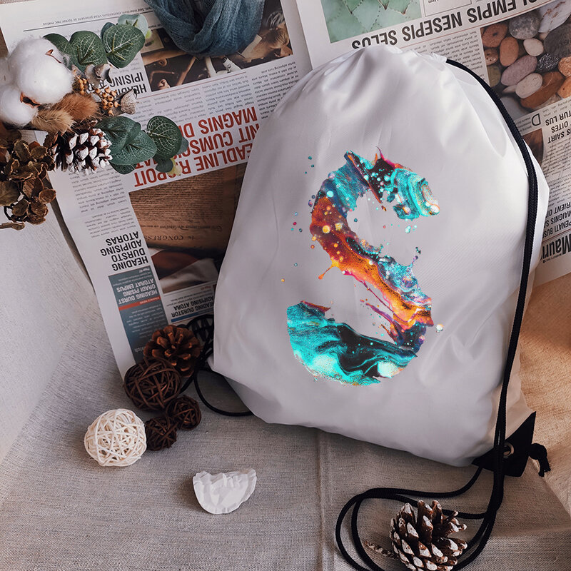 Disegna borse a cordoncino stampa creativa di lettere borsa con coulisse borsa da spiaggia borse sportive tasca a marsupio borsa da Yoga zaino Unisex Bookbag