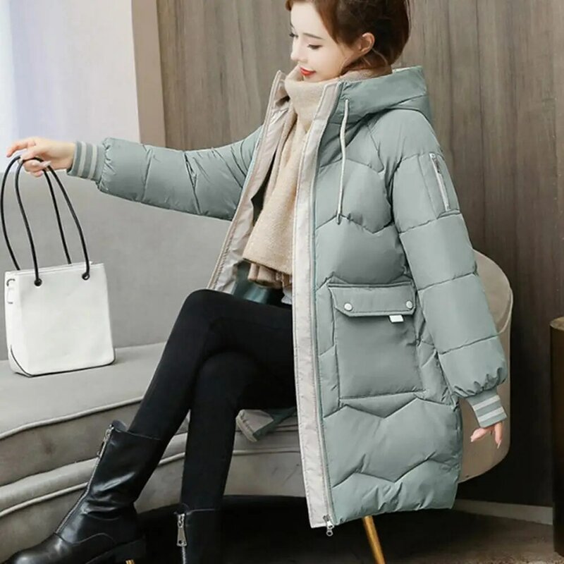 Зимнее женское пальто с хлопковой подкладкой, пальто с длинным рукавом и капюшоном, утепленная Свободная верхняя одежда на молнии средней длины, куртка, уличная одежда, парки