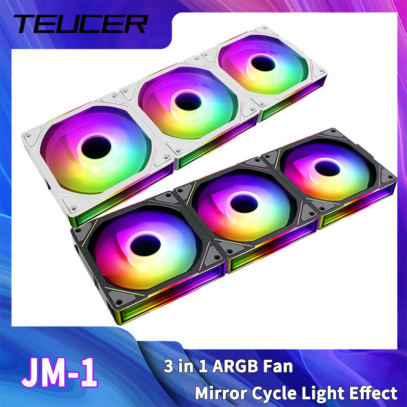 TEUCER JM-1 컴퓨터 케이스 선풍기 ARGB 미러 사이클 조명 효과, 120mm 4 핀 PWM PC 냉각 선풍기, 저소음 수냉 환풍기
