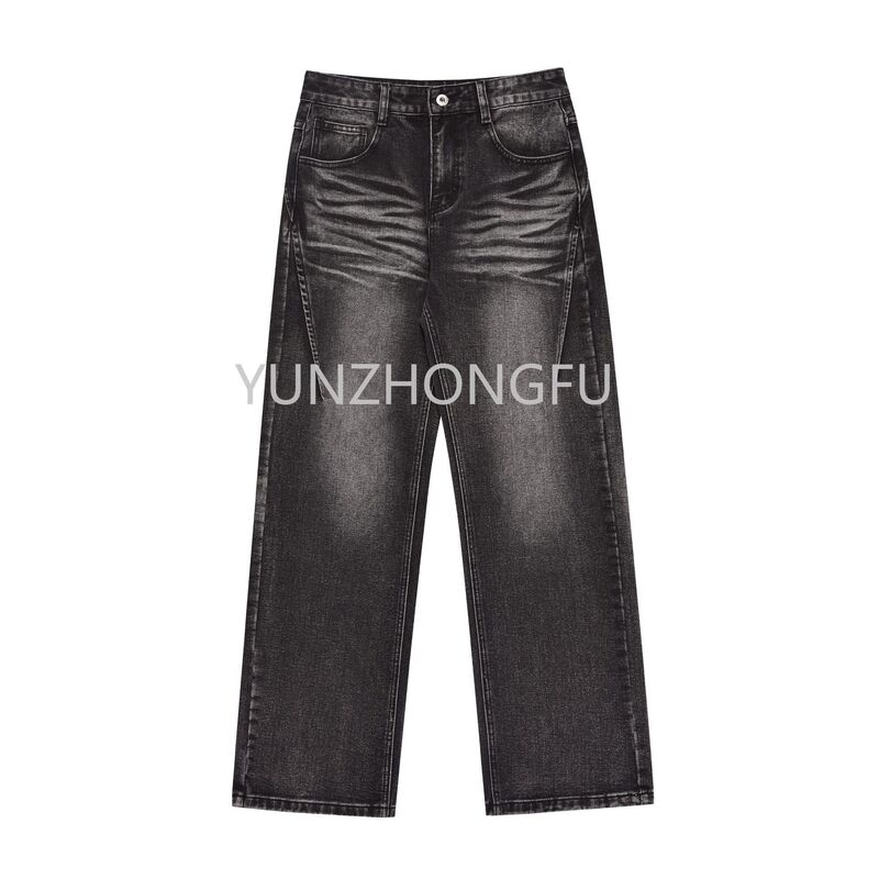2024 Fashion Brand High Street Water Ripple Loose Straight Jeans Vintage Washed Black Cleanfit Pants
