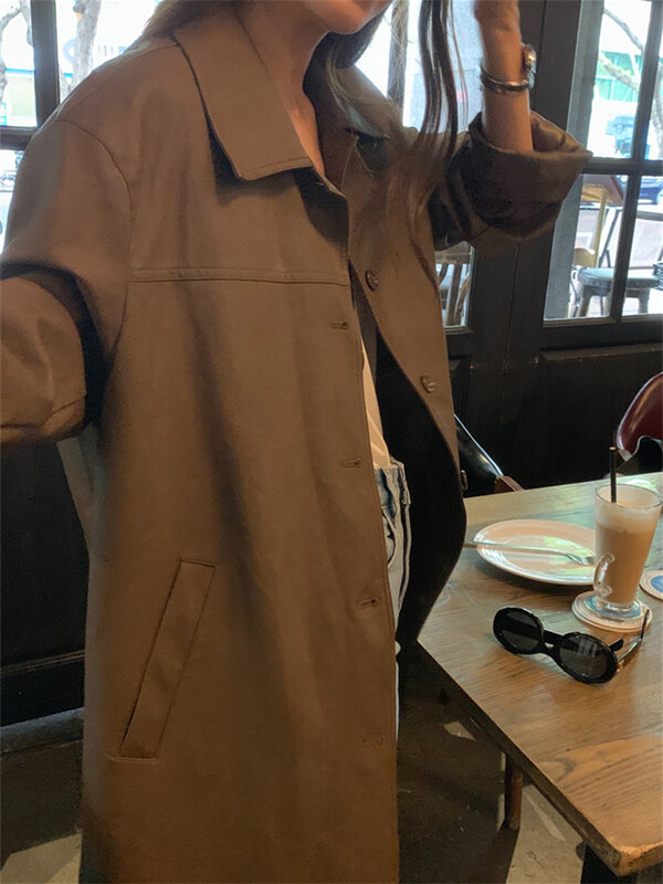 Arazooyi-chaquetas de PU de longitud media para mujer, abrigos elegantes holgados Vintage que combinan con todo, informales de oficina para mujer, High Street, otoño 2023