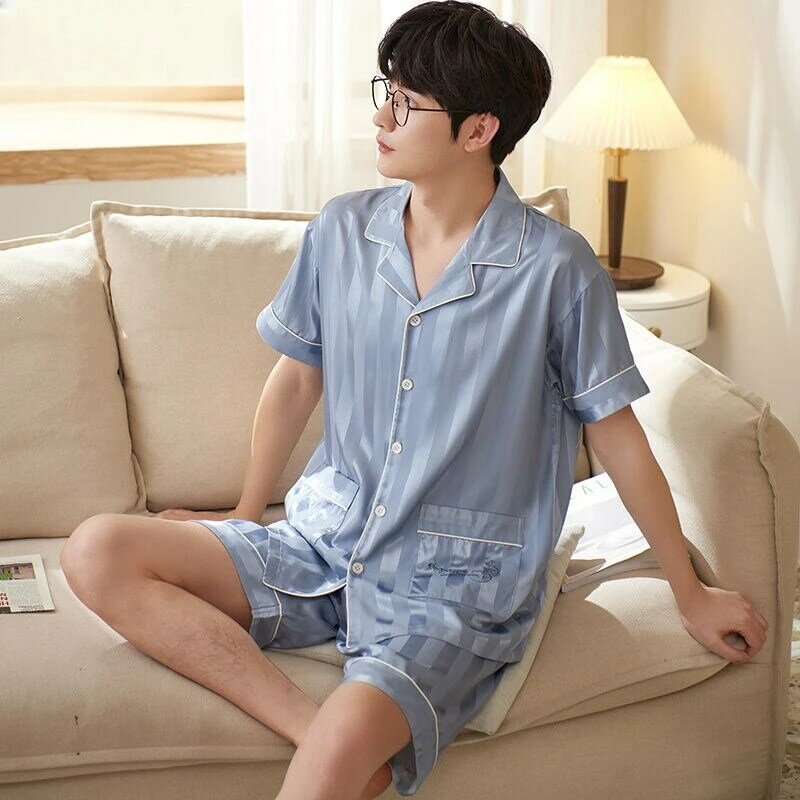 Men's Ice Silk Pajamas Summertime Short Sleeve Teenager Loose Large Size Artificial Silk Pupil Loungewear Suit Mens Pajamas