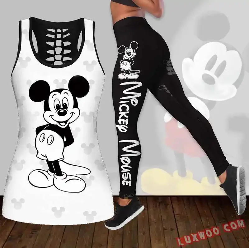Disney-Conjunto de macacão feminino oco e leggings de treino, blusa regata recorte, ioga fitness, Mickey Mouse, verão, 2022