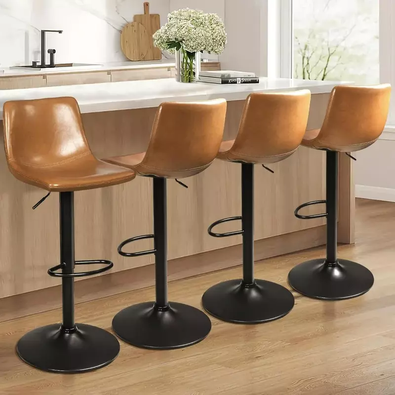 Zestaw 4 stołków barowych (regulowany obrotowy), stołki barowe z oparciem, skórzany stołek barowy, tapicerowane stołki pubowe z podnóżkiem