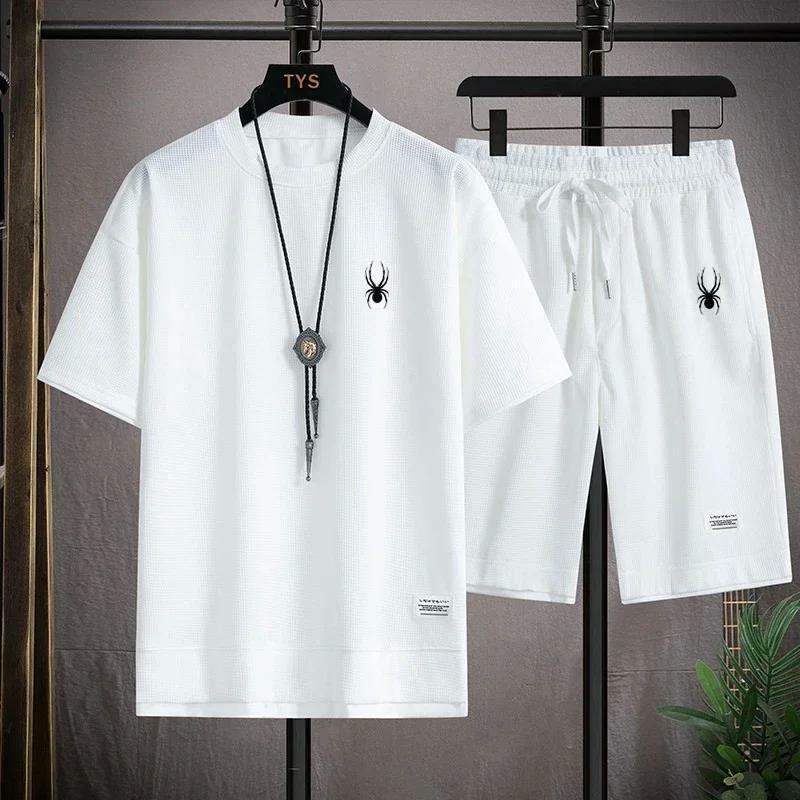 T-shirt de manga curta com estampa aranha masculina e conjunto de calções desportivos, moda exterior, novo, verão, 2 peças, 2024