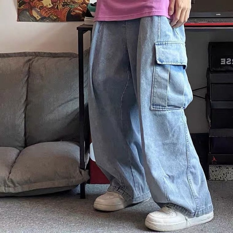 بنطال جينز فضفاض ماركة هوتشو سروال دينم للرجال بنطلون جينز أسود واسع جينز للرجال حجم كبير ملابس الشارع الكورية الهيب هوب هاراجوكو