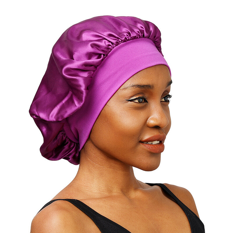 Topi tidur bertepi lebar untuk wanita, topi tudung kepala elastis bahan Satin padat pinggiran lebar, topi tidur perawatan rambut untuk pria dan wanita