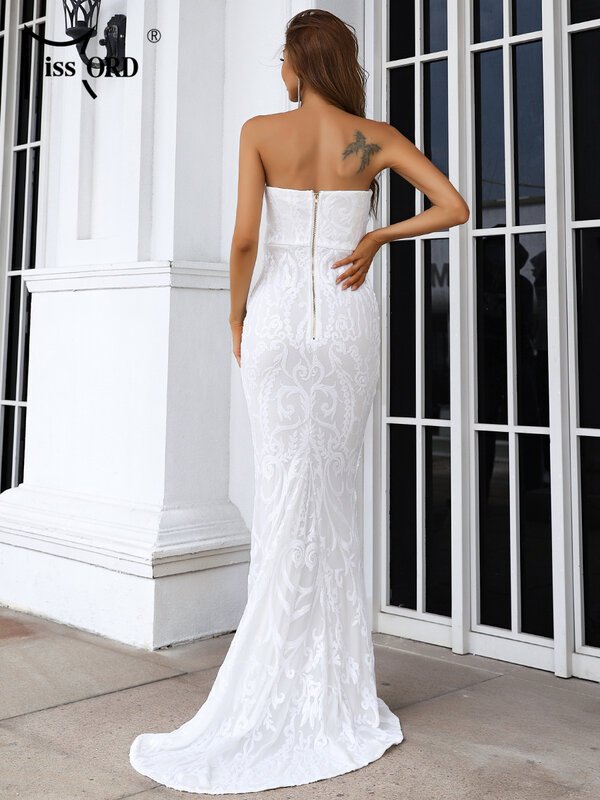 Missord White Sequin Long Party Dresses Elegant Women Strapless Bodycon Maxi Evening Prom Mermaid Hem Dress Wedding Gown