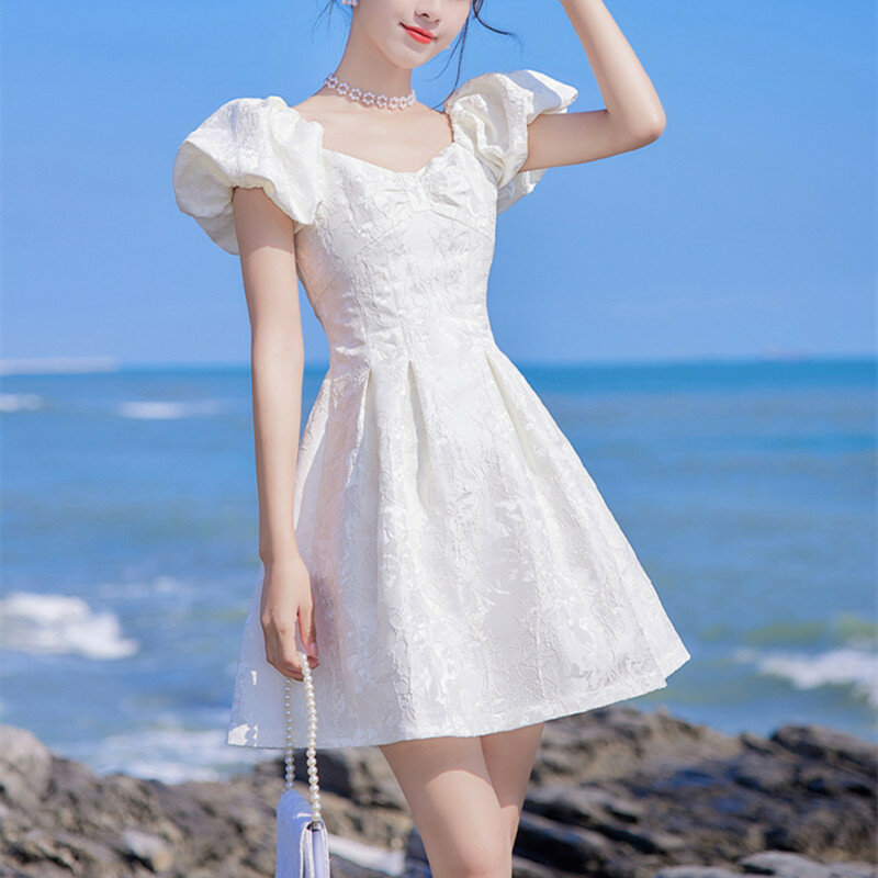 2022 summer new French dress with puff sleeves,  square collar, waist and slim , backless   summer dress women  Hollow Out