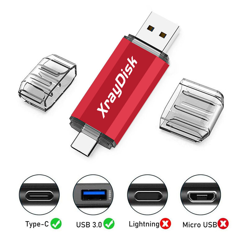 Xraydisk Usb C Tipe C Flash Drive 32GB 64GB 128GB 256GB 2 In 1 Otg USB 3.0 Thumb Drive Memory Stick dengan Data Penyimpanan Eksternal