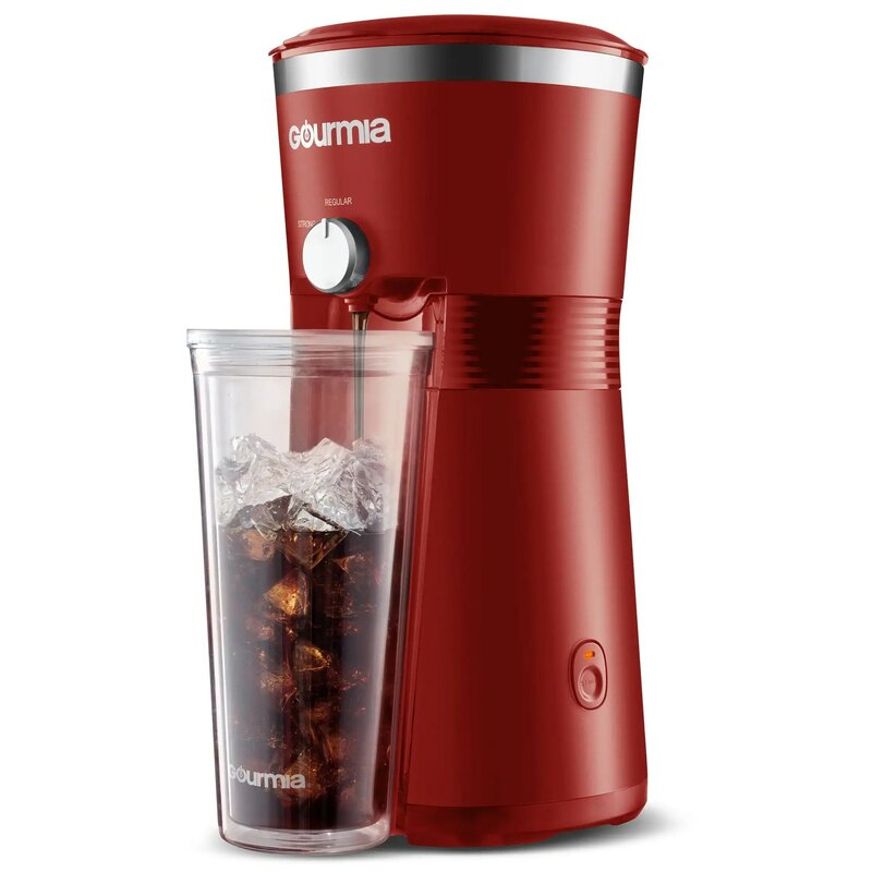 Gourmia-آلة صنع القهوة المثلجة الحمراء ، بهلوان قابل لإعادة الاستخدام ، 25 أونصة