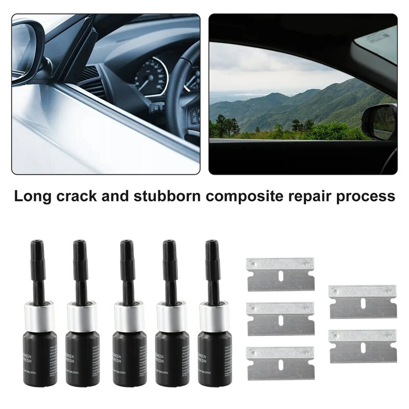 Preto Reutilizável Car Glass Repair Fluid, Nano Resina, Kit DIY, pára-brisa, pára-brisas, automotivo, telefone, 5 pcs