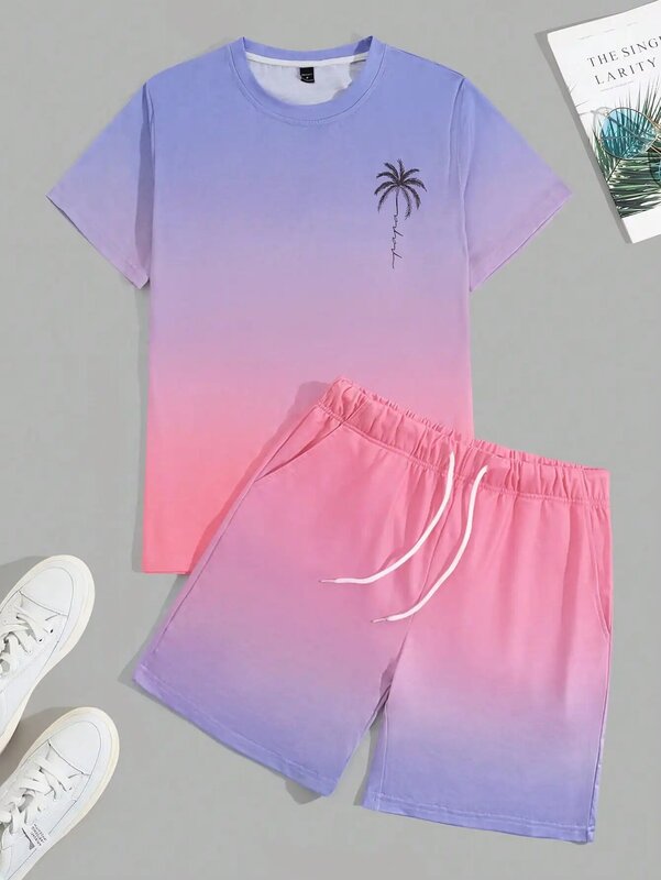 Men's Summer Gradient Palm Print Round Neck Short-sleeved Casual T-shirt and Belted Shorts Suit
