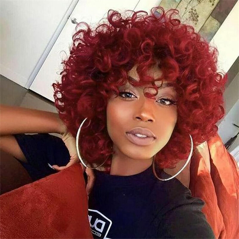 Wig keriting merah untuk wanita hitam wig keriting Burgundy longgar pendek untuk wanita wig rambut sintetis keriting tahan panas pengganti rambut