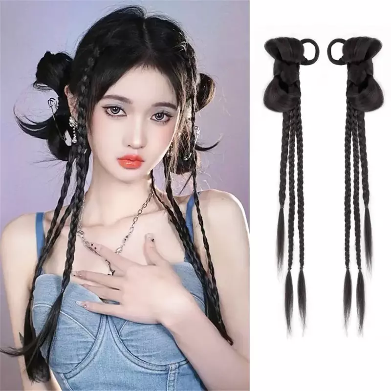 Y2K Wig Ponytail Women's New Chinese Style Grab Extend BowTie Ball Head False Braid Woman Fish Ji Spicy Girl Boxing Pigtail