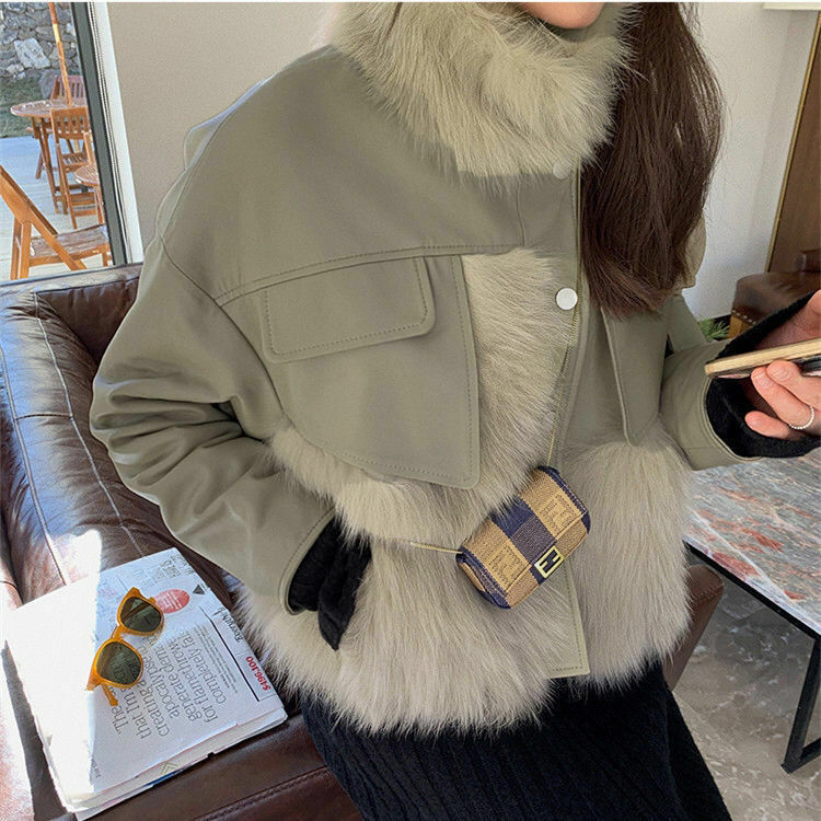 Damska sztuczna skóra imitacja futra z lisa koreańska zimowy zamek błyskawiczny biurowa z kołnierzem na całej długości utrzymuje ciepły zimowy płaszcz damski