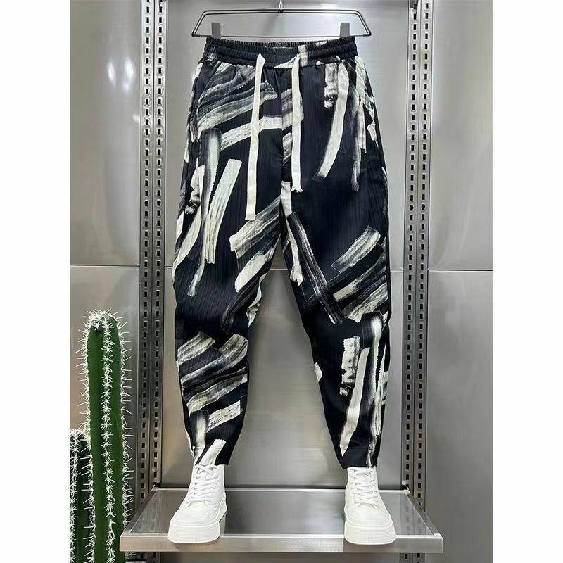 Calças esportivas de cordão estilo hip-hop coreano, estampa personalizada de cintura alta, calças casuais largas, moda de rua, verão, novo, 2024