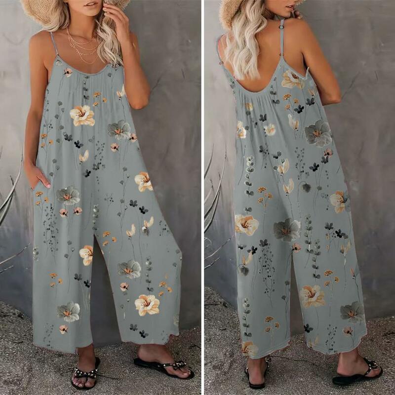 Women Casual Printed Jumpsuit Floral Print Vacation Jumpsuit Adjustable Spaghetti Strap Backless Sleeveless Wide Leg Deep Crotch