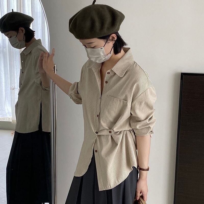 Qweek Vintage gestreiften Langarmhemd Frau übergroße Button-up-Blusen japanischen Stil Harajuku Mode Frühling lässig