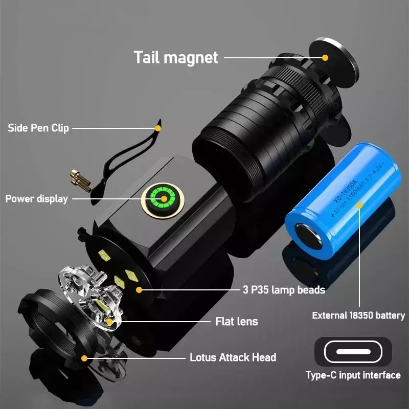 High Quality 3 LED Flashlight 18350 Aluminium Alloy Torch Rechargeable USB Light IP68 Waterproof with Magnet for Hiking Camping