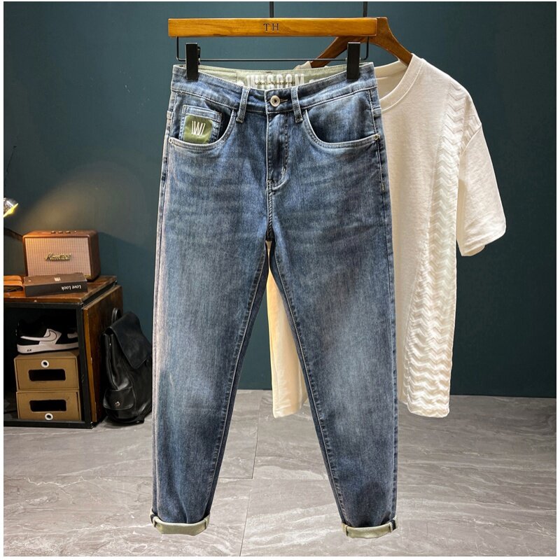 Pantalones vaqueros finos de alta gama para hombre, Jeans de lujo, elásticos, ajustados, informales, ligeramente sueltos, ajustados, a la moda, de verano