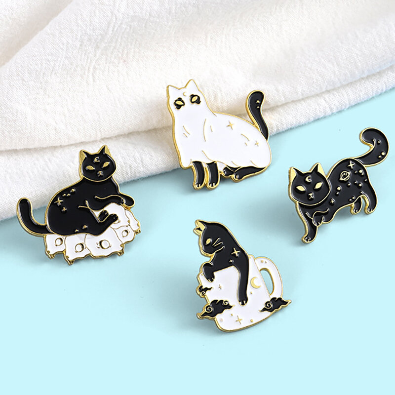귀여운 작은 검은 고양이 브로치, 섬세한 달 고양이 브로치, 동물 브로치, 흰색 고양이 브로치, 펑크 검은 고양이 브로치, 커플 고양이 핀