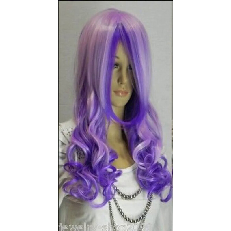 Wig wanita rambut keriting campuran ungu panjang cantik wig cosplay baru