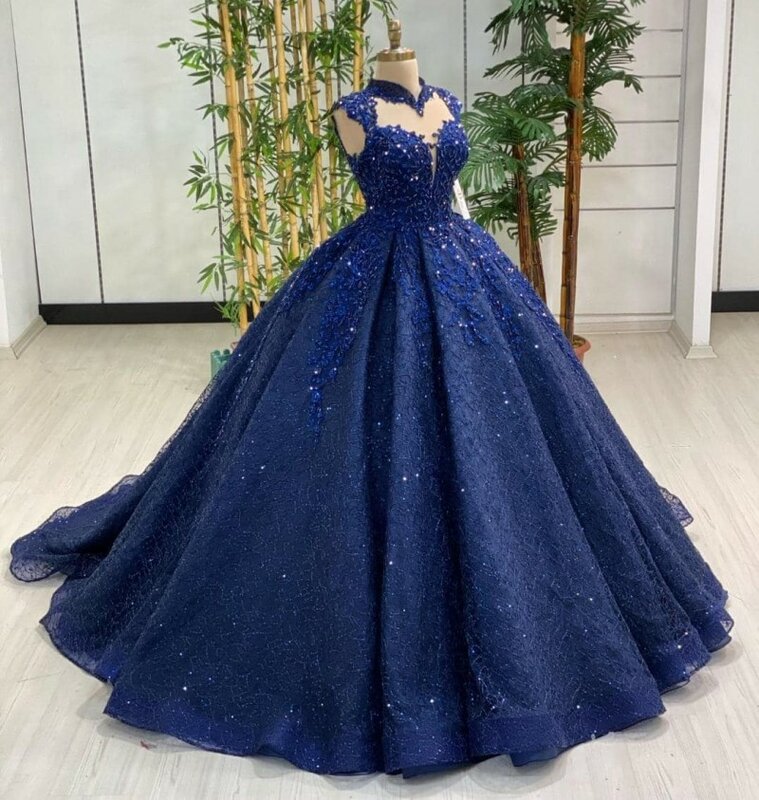 Precioso vestido de noche Formal de encaje para mujer, vestido de baile de princesa azul marino con cuentas de encaje, cuello alto, Mangas de casquillo, vestidos de baile de graduación para desfile