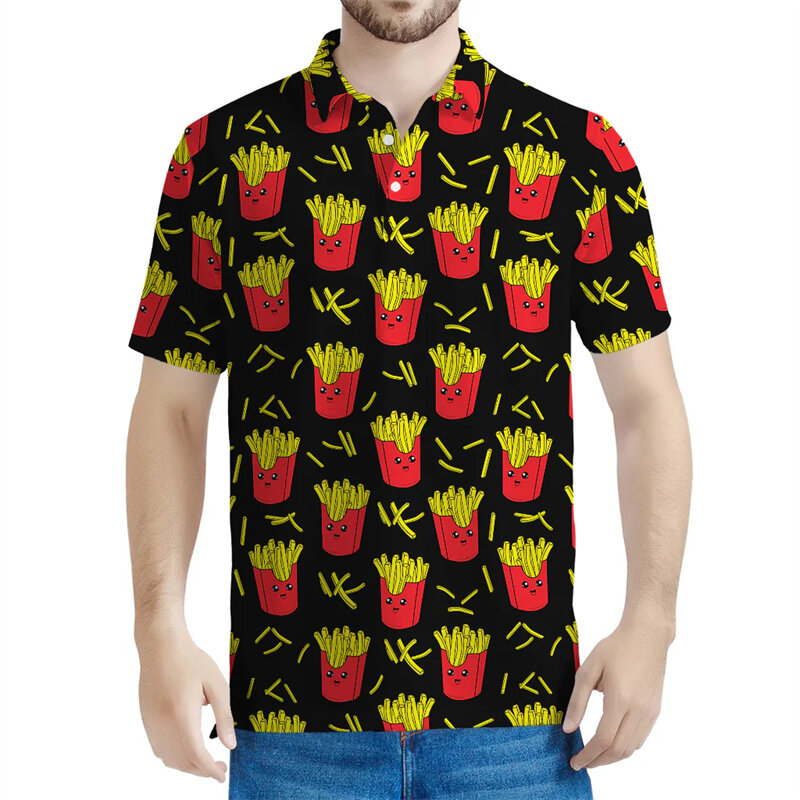Рубашка-поло мужская с 3D-принтом картошки фри, Повседневная Уличная одежда с лацканами, на пуговицах, с короткими рукавами