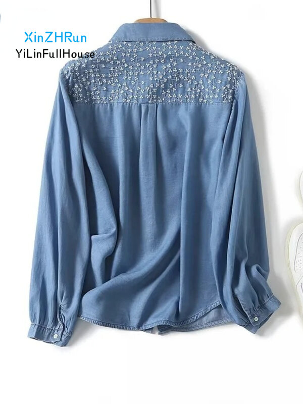 2024 Spring Summer New Women Fashionable Elegant Polo Collar Embroidered Single Breasted Women's Loose and Versatile Denim Top