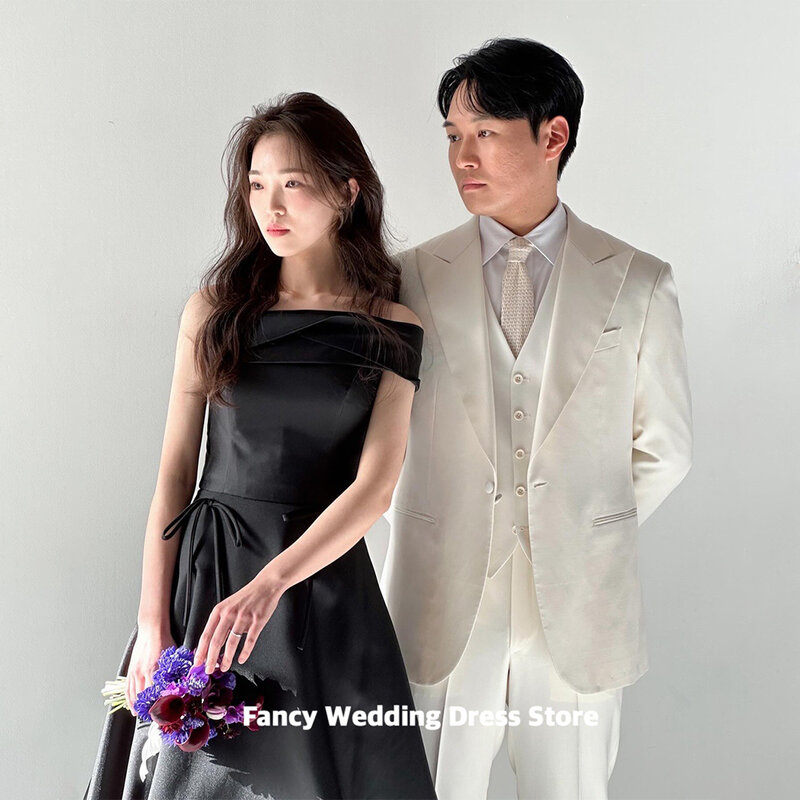 Fancy Simple Black Off Shoulder Wedding Party Dress Korea Photo Shoot Short Sleeve One Shoulder Bridal Gown Custom Made