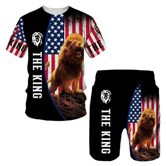 3D Printed Tiger Men's T-shirt Sets Fashion Short-Sleeve Lion Tracksuit/Tops/Shorts O-Neck Leisure Summer Cool Male Beach Suit