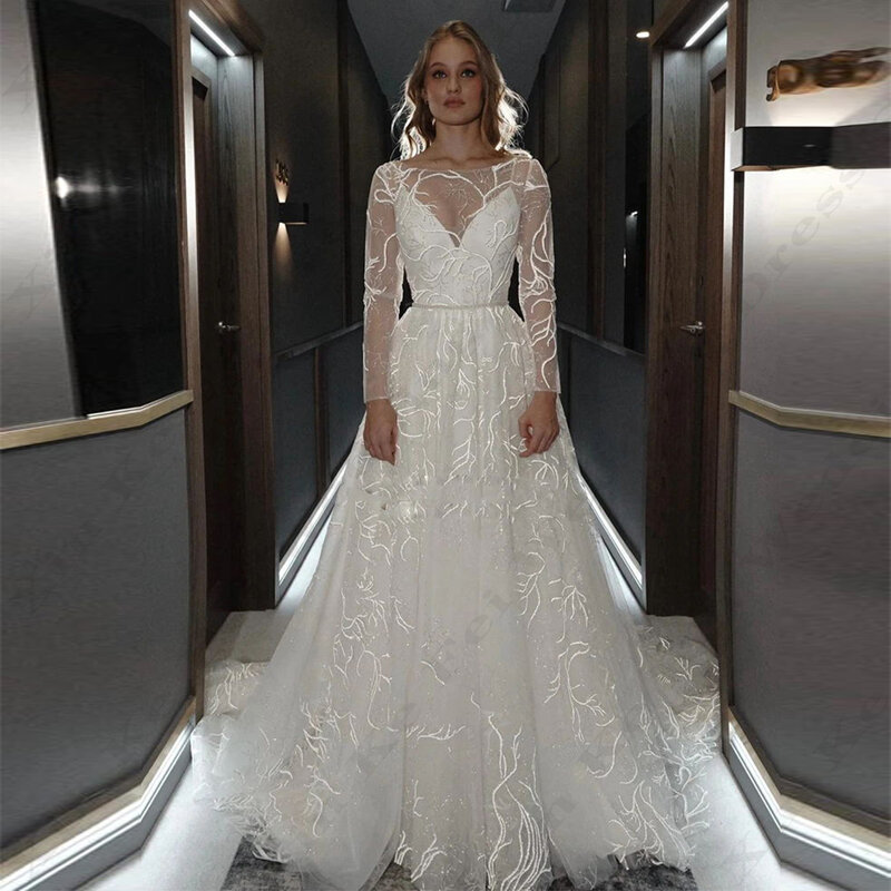 Faszinierende schöne Brautkleider Schatz Rundhals ausschnitt lange Ärmel flauschige Prinzessin Stil einfache Wischen Brautkleider 2024